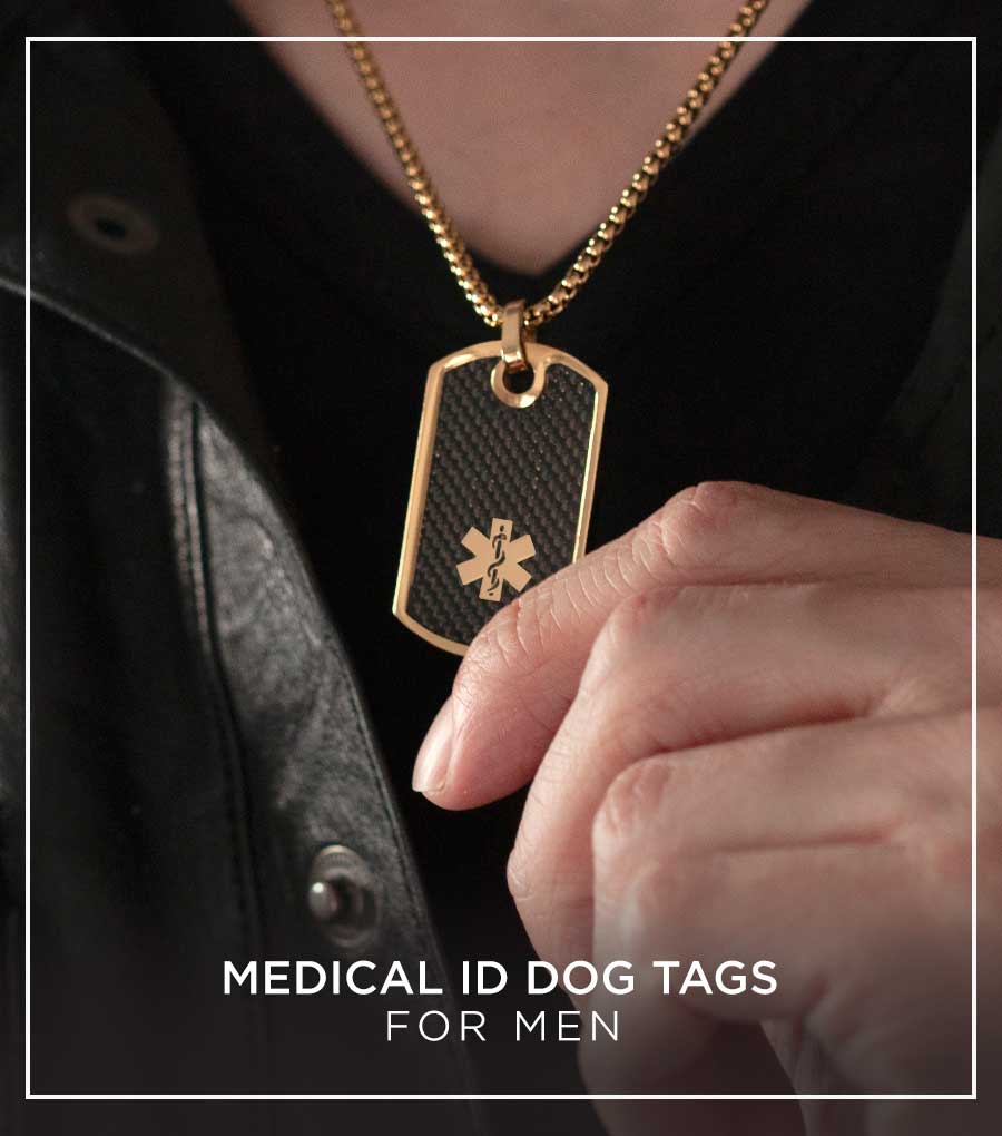 Man wearing gold and carbon fiber medical ID alert dog tag necklace