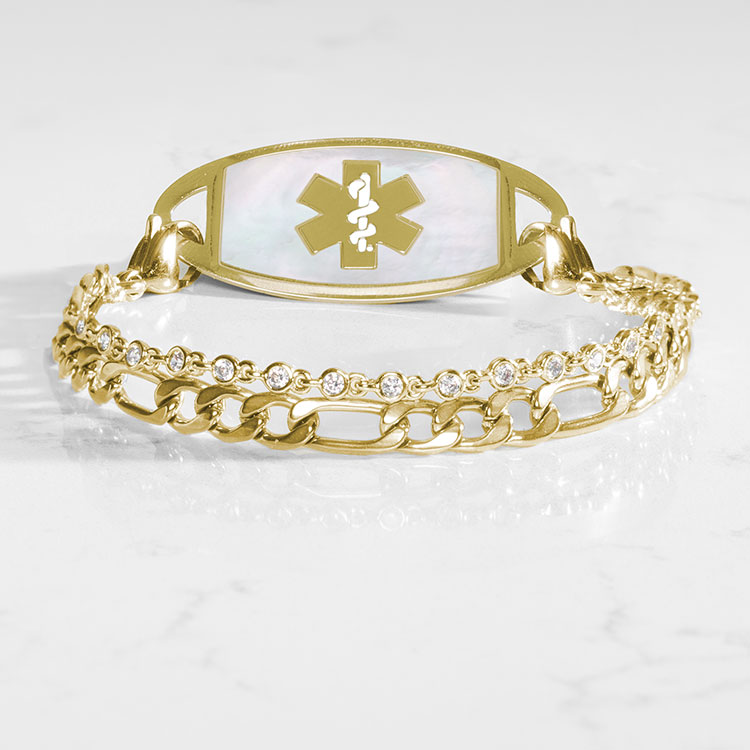 Designer medical ID chain bracelet in gold with sparkly CZ chain and figaro layered chain
