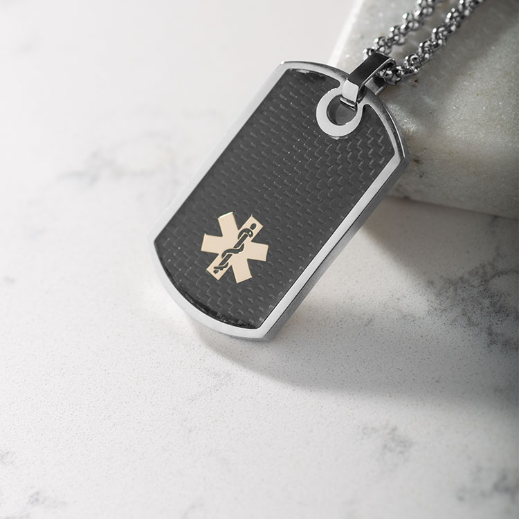 Medical ID dog tag necklace with carbon fiber inlay and gold medical alert symbol
