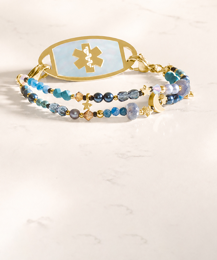 Blue heishi medical ID bracelet with gold and blue mother of pearl accents