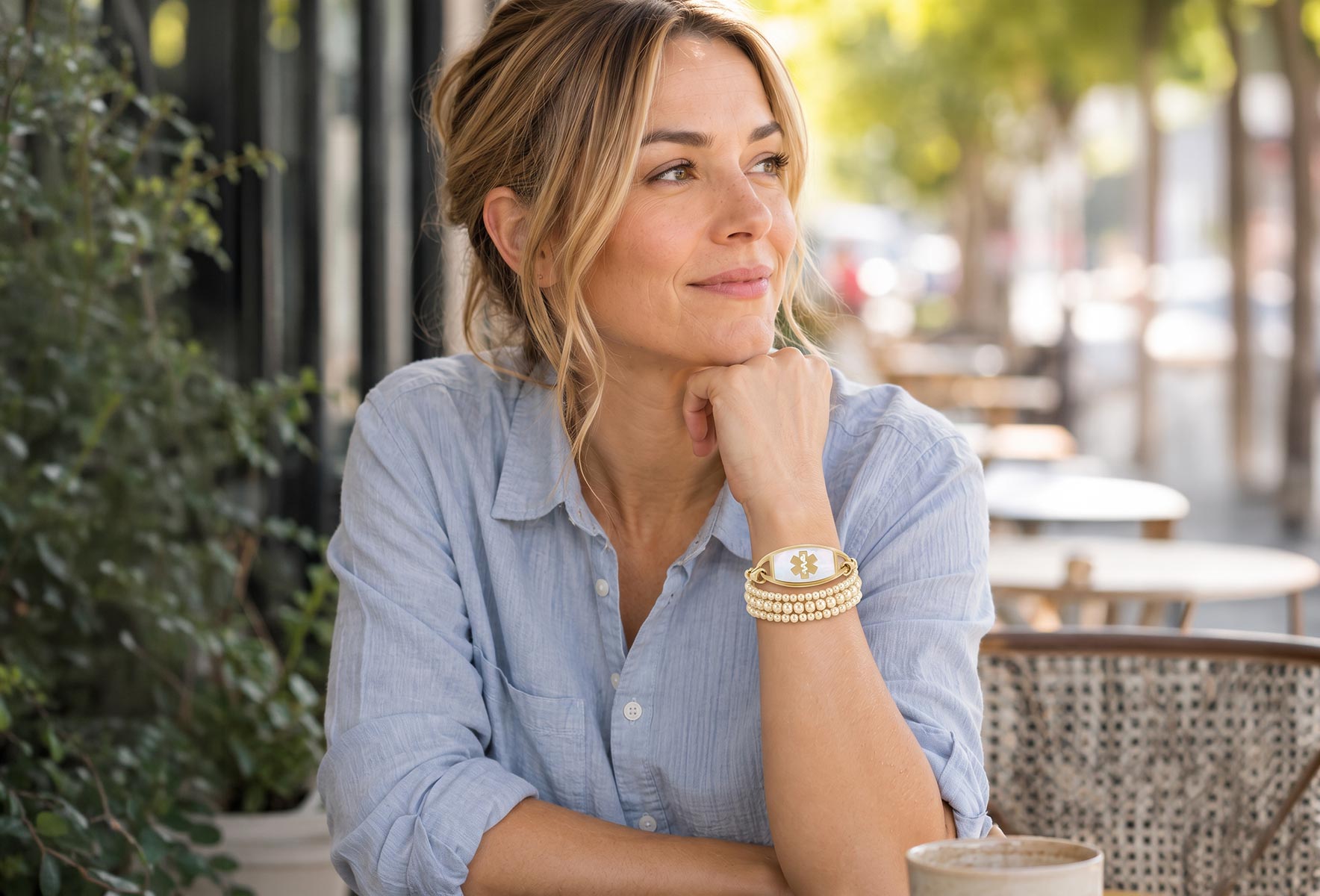 Woman wearing a medical ID bracelet