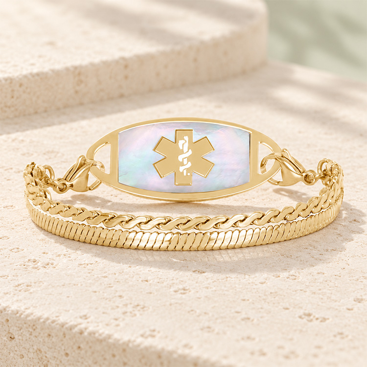 Designer medical ID chain bracelet in gold with layered chain