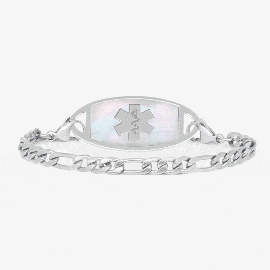 Animation showing custom laser engraving on medical ID tag for mix and match medical ID bracelet
