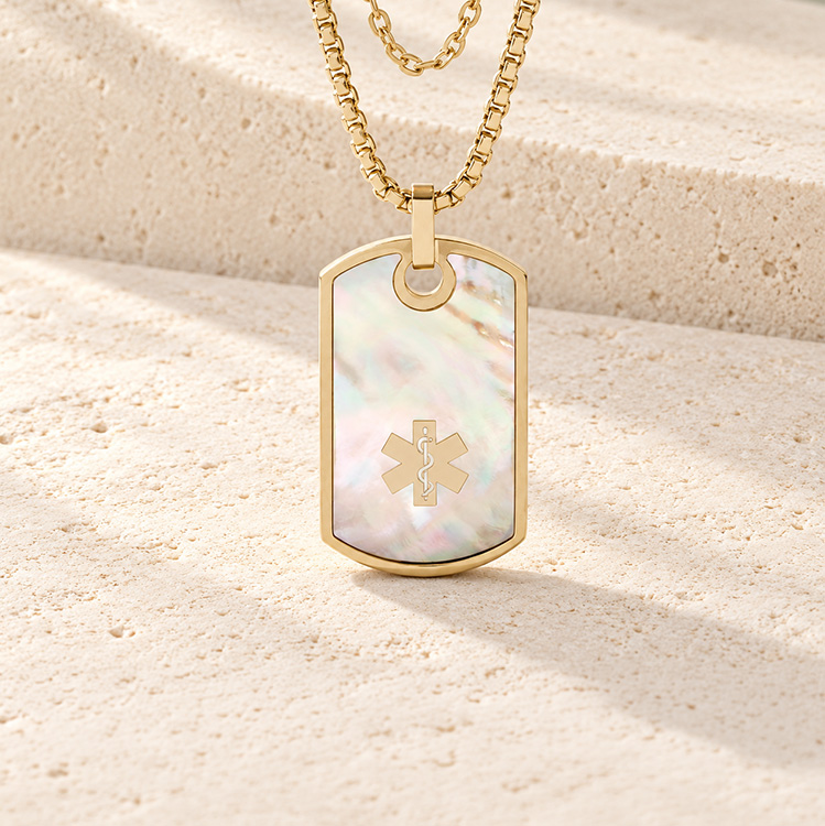 Medical ID dog tag necklace with mother of pearl inlay and gold medical alert symbol