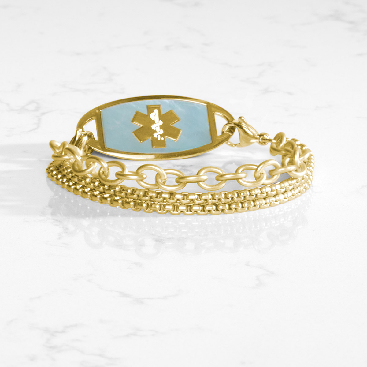 Designer medical ID chain bracelet in gold with layered chain