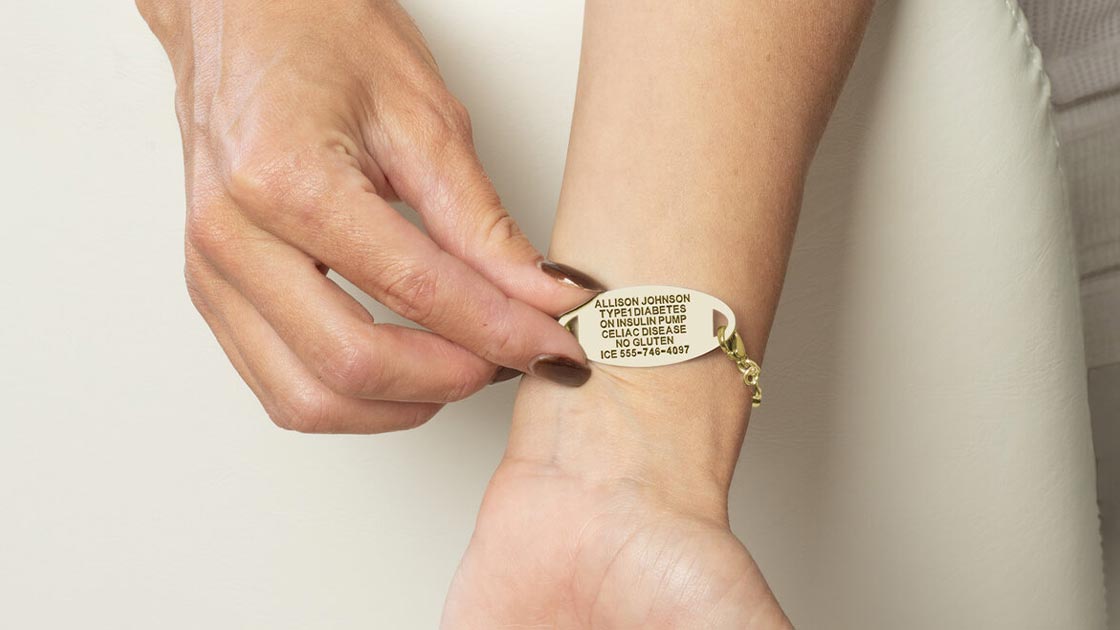 Close-up of an engraved medical ID bracelet