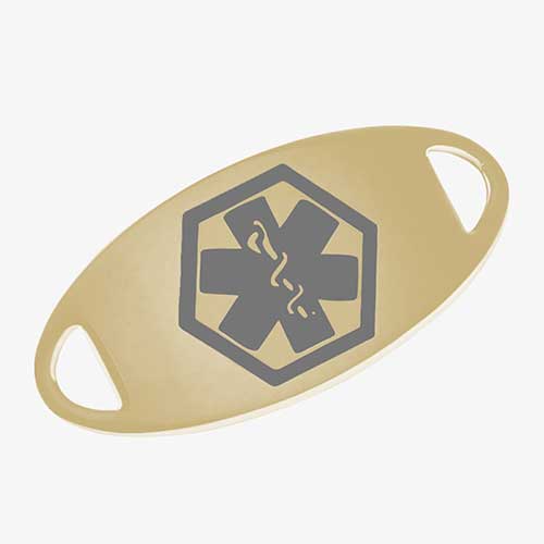 Gold medical ID tag with grey medical caduceus symbol