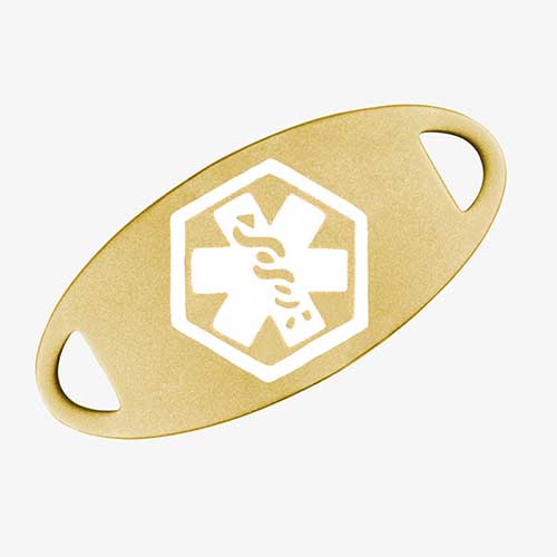 Sandblasted oval medical ID tag in gold with white medical caduceus symbol
