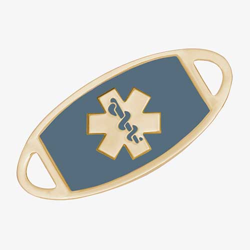 Stainless steel medical ID tag in gold with sapphire blue enamel inlay and gold medical caduceus symbol