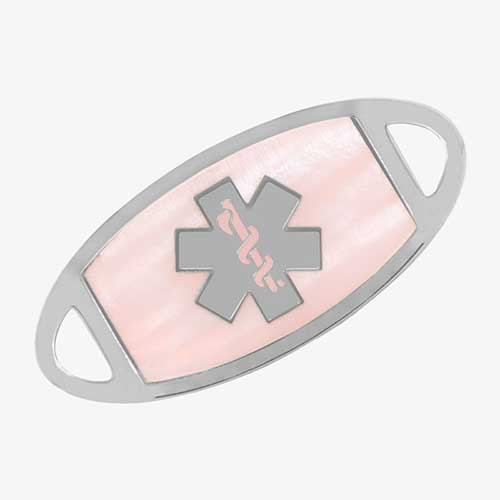 Silver and pink mother of pearl medical ID tag with silver and pink medical caduceus symbol
