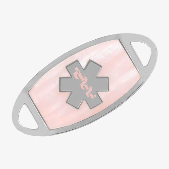 Silver and pink mother of pearl medical ID tag with silver and pink medical caduceus symbol