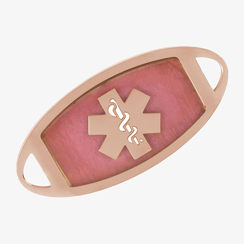 Rose gold tone medical ID tag with warm pink mother-of-pearl inlay and raised medical symbol.