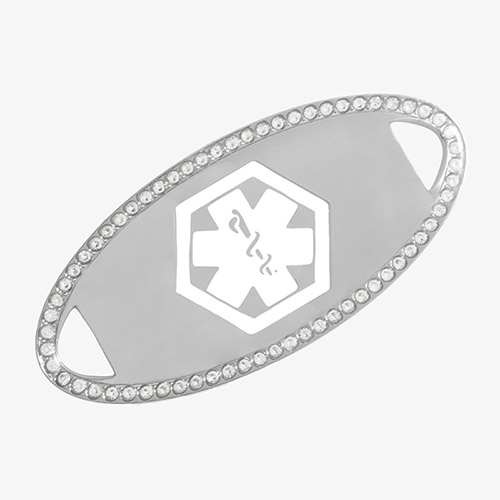 Silver-tone medical ID tag with a border of clear cubic zirconia crystals and an engraved white medical caduceus symbol in the center.