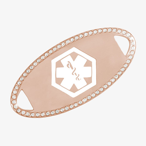Rose gold-tone medical ID tag accented with a border of clear cubic zirconia crystals and a white engraved medical caduceus symbol in the center.