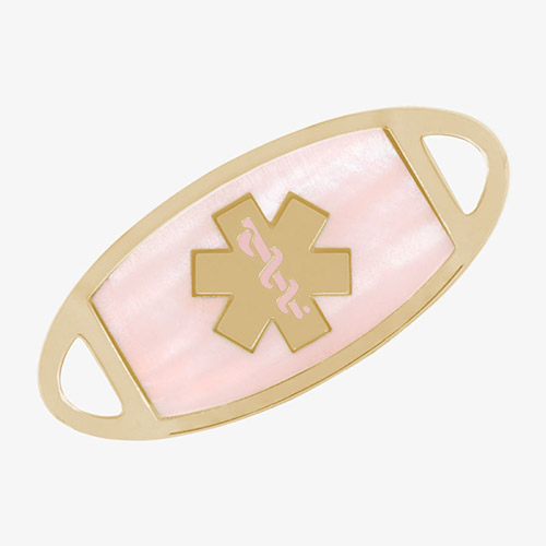 Pink mother of pearl inlay on a gold stainless steel medical ID tag with pink caduceus symbol.