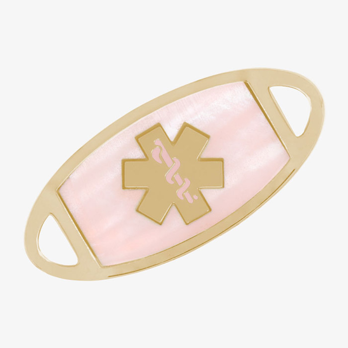 Pink mother of pearl inlay on a gold stainless steel medical ID tag with pink caduceus symbol.