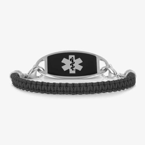 Woven black macrame band with silver clasps and matching silver tone medical alert tag with silver and black