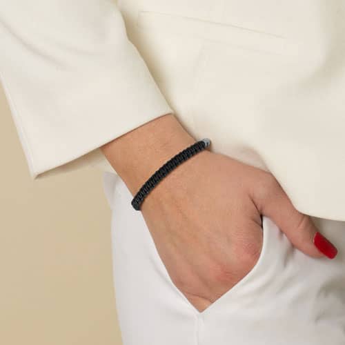 Woman wearing Black Macrame Medical ID Bracelet. Good view of the macrame band. Pairs with any interchangeable med ID tag
