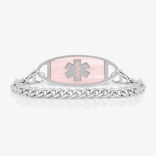 Small stainless steel curb chain with uniform links and a silver medical ID tag, inlaid with pink Mother of Pearl.l