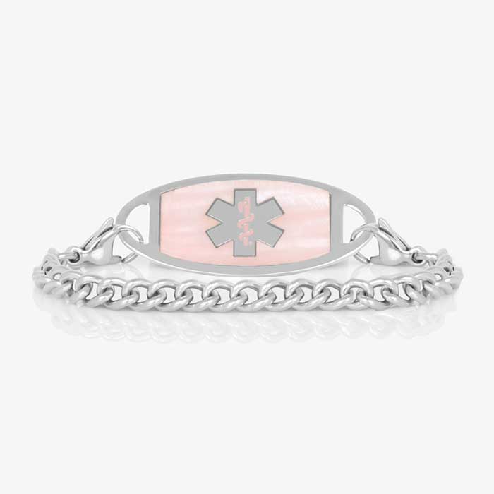 Small stainless steel curb chain with uniform links and a silver medical ID tag, inlaid with pink Mother of Pearl.l