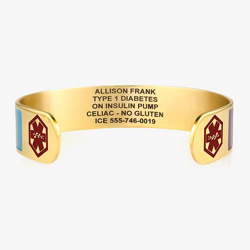 Key West Medical ID Cuff.  Orange pink white magenta lime navy and teal color blocks,yellow gold background, red caduceus