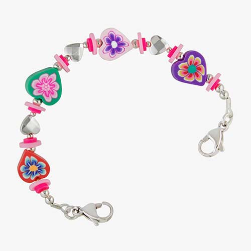 Overhead view of colorful flower and heart bead medical alert bracelet for girls