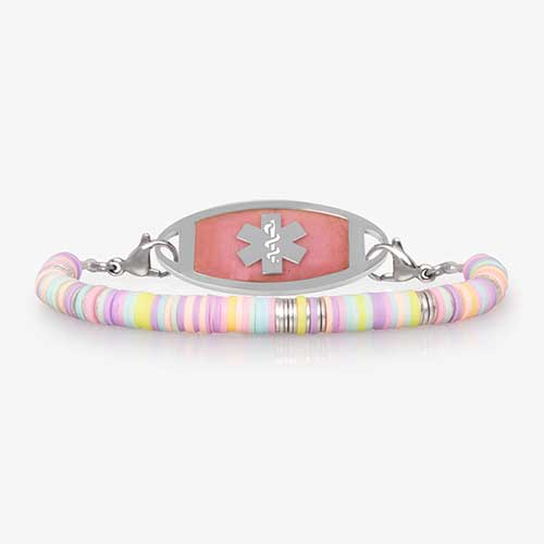 Cute girls' medical ID bracelet with multicolored pastel disc beads in pink, purple, blue, yellow and green.