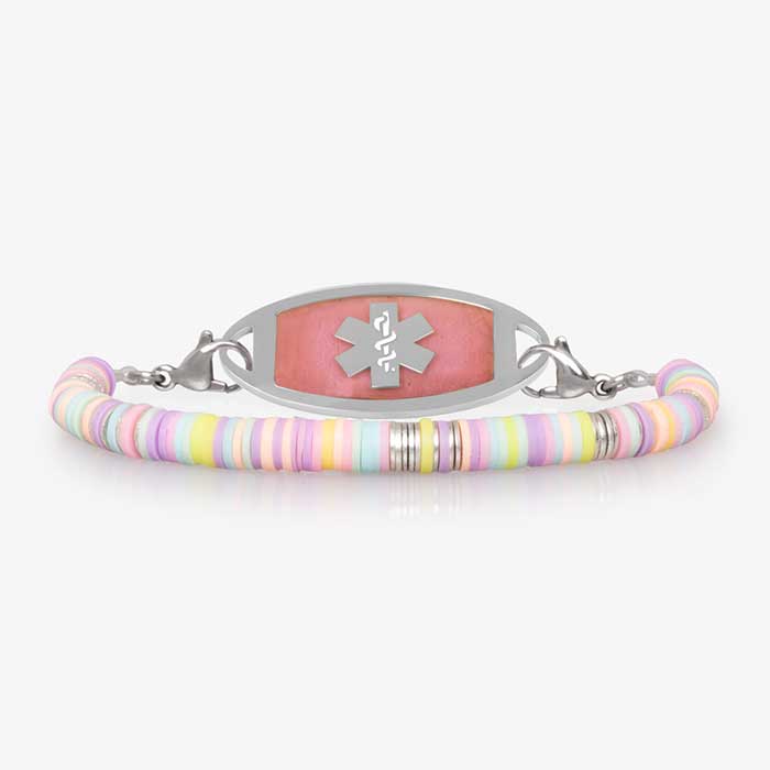 Cute girls' medical ID bracelet with multicolored pastel disc beads in pink, purple, blue, yellow and green.