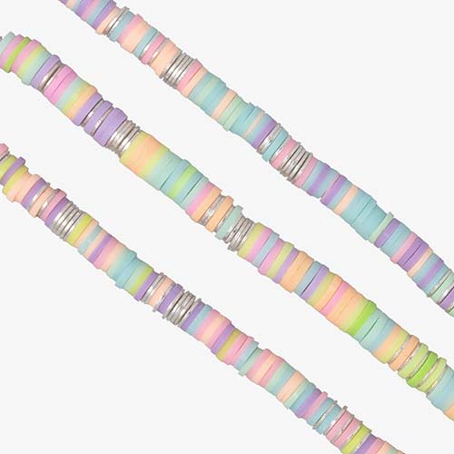 Close up image of pattern variation in mutlicolored pastel disc beads.