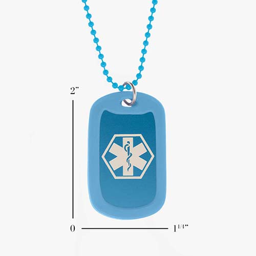 Sky blue Medical ID Dog Tag Necklace. Scale of 1.25” x 2” sky blue aluminum dog tag with white caduceus, silencer, 24-inch chain.