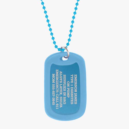 Sky blue aluminum dog tag with engraving example and coordinating silicone silencer on matching stainless steel ball chain.