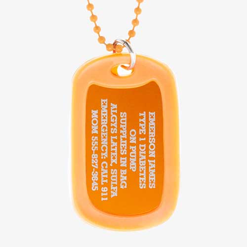 Carrot aluminum dog tag with engraving example and coordinating silicone silencer on matching stainless steel ball chain.