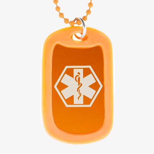 Carrot aluminum dog tag with white medical symbol and coordinating silicone silencer on matching stainless steel ball chain.