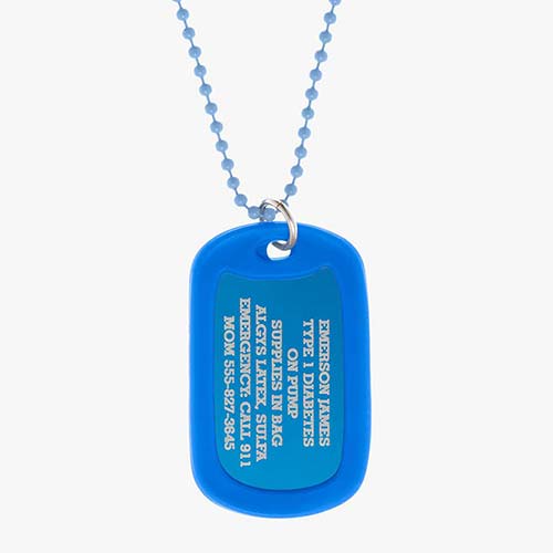 Royal blue aluminum dog tag with engraving example and coordinating silicone silencer on matching stainless steel ball chain.