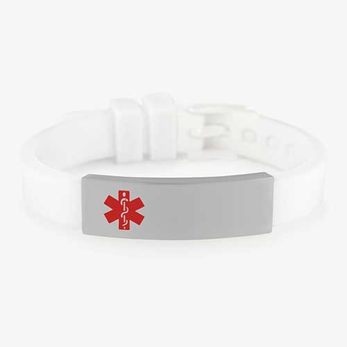 Adjustable white silicone band with white metal buckle closure holds a stainless ID tag with white caduceus symbol.
