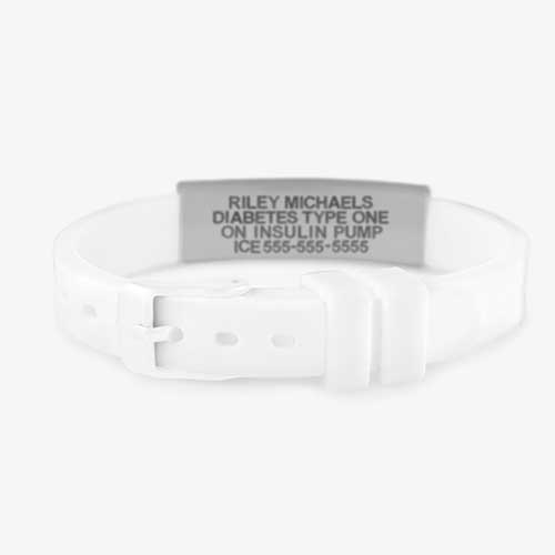 White silicone band with white watch-style closure and silver tone stainless Medical ID tag with white caduceus. Engraving inside tag