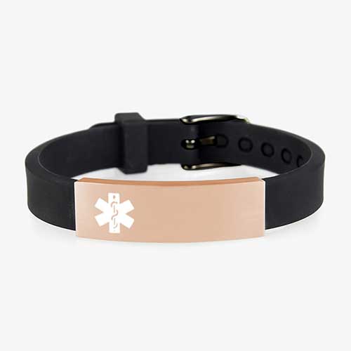 Adjustable black silicone band with black metal buckle closure holds a Rose Gold tone stainless ID tag with white caduceus symbol.