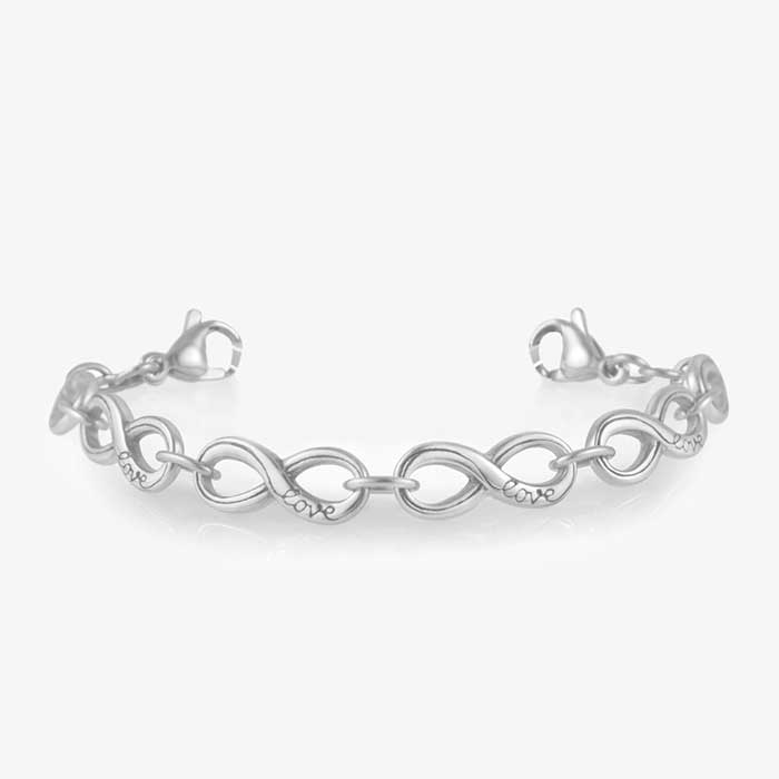 Forever And Always Medical ID Bracelet. Silver tone stainless infinity-symbol-shaped links, word “Love” inscribed on one side