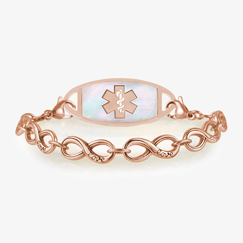 Rose Gold Tone Forever and Always Medical ID, Rose tone stainless infinity-symbol-shaped links, word “Love” inscribed 1 side