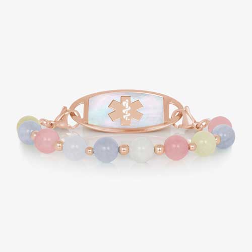 Pink, white, and blue beaded medical ID with rose gold accents and mother of pearl medical alert tag