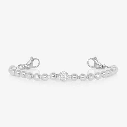 Silver shiny beaded medical ID bracelet with pave crystal centerpiece