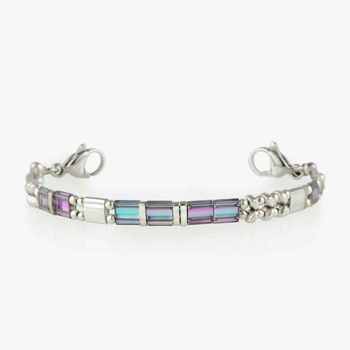 Front view of silver and pastel beaded medical ID bracelet with lilac abalone medical ID tag