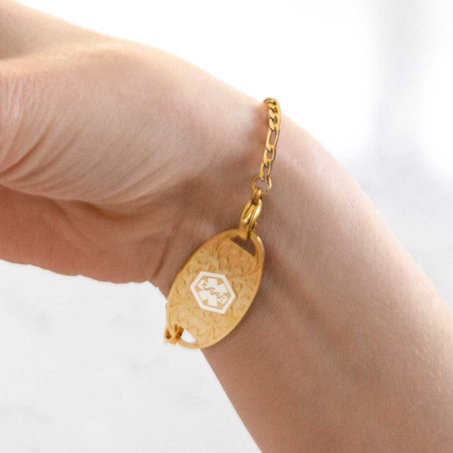 Medical ID Bracelet For Women - Stainless Steel Figaro Chain With Alert Symbol 7-8.5 Inch