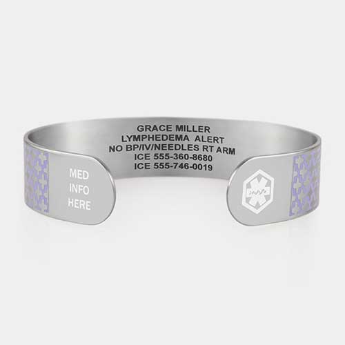 Silver tone medical ID cuff bracelet with lavender pattern and white medical symbol at one end, med info here at other end, and engraving.