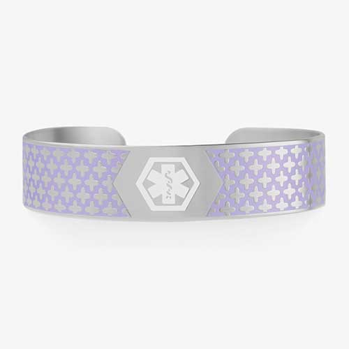 Silver tone medical ID cuff bracelet with lavender pattern and white medical caduceus symbol at the center.