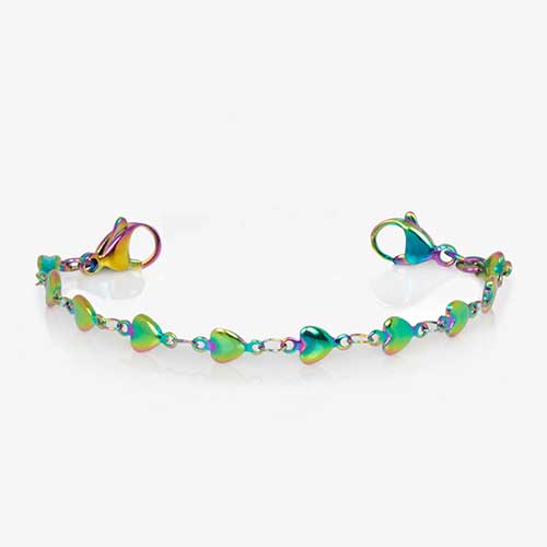 Multi colored magic finish stainless steel heart link chain medical ID bracelet with lobster clasps at each end of the bracelet.