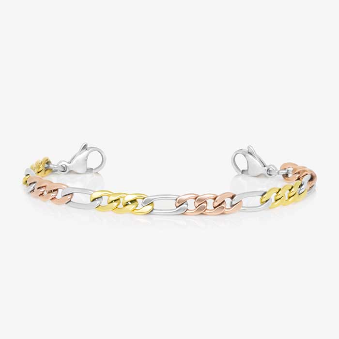 Mixed metal stainless steel figaro chain bracelet with silver, rose gold, and gold tones paired with a decorative rose gold tone stainless steel med ID tag