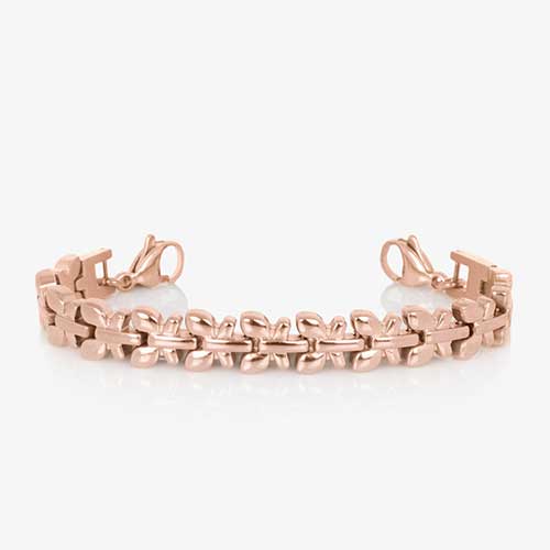 Rose gold tone stainless steel butterfly shaped medical ID bracelet with rose gold tone stainless steel lobster clasps at each end.