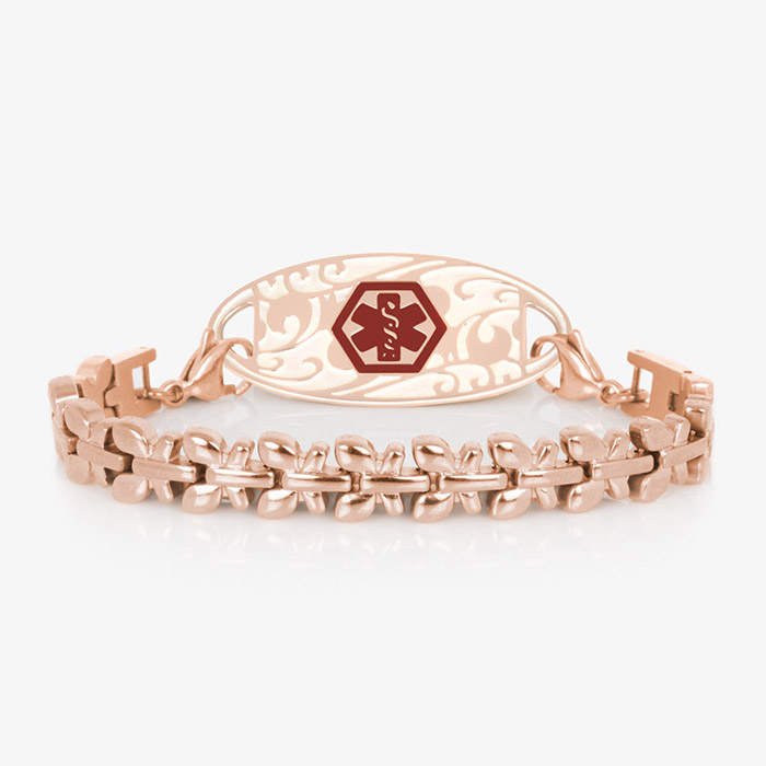 Rose gold tone stainless steel butterfly shaped medical ID bracelet with rose gold tone medical ID tag