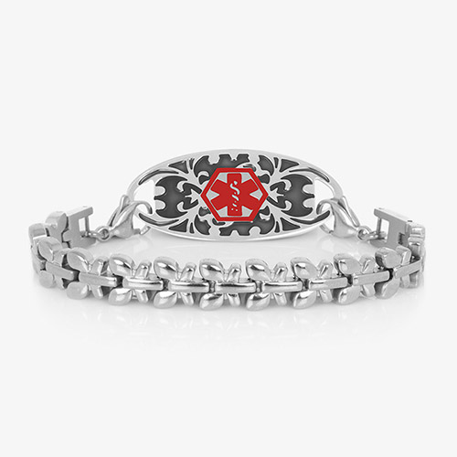Stainless steel butterfly medical ID bracelet paired with stainless steel medical ID tag with decorative inlay.